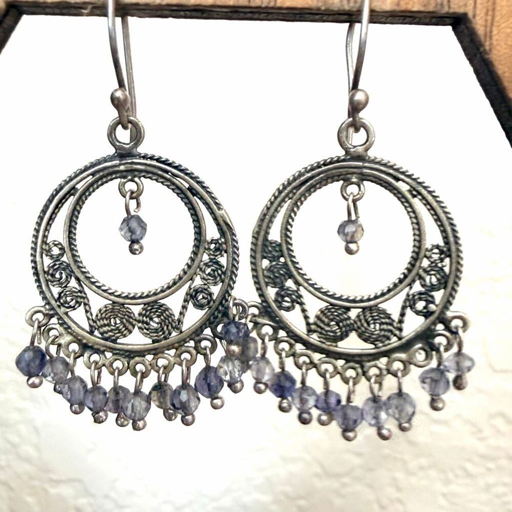 Vintage Sterling Silver Filigree Chandelier Earrings with Iolite Beads